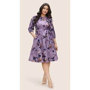 2X 18 20 Plus Size BloomChic Floral Print Belted Pocket Frill Trim Dress